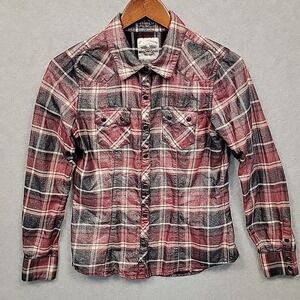 HARLEY DAVIDSON Shirt Black Pearl Snap Red Shiny Plaid Womens Back Art Sz Small